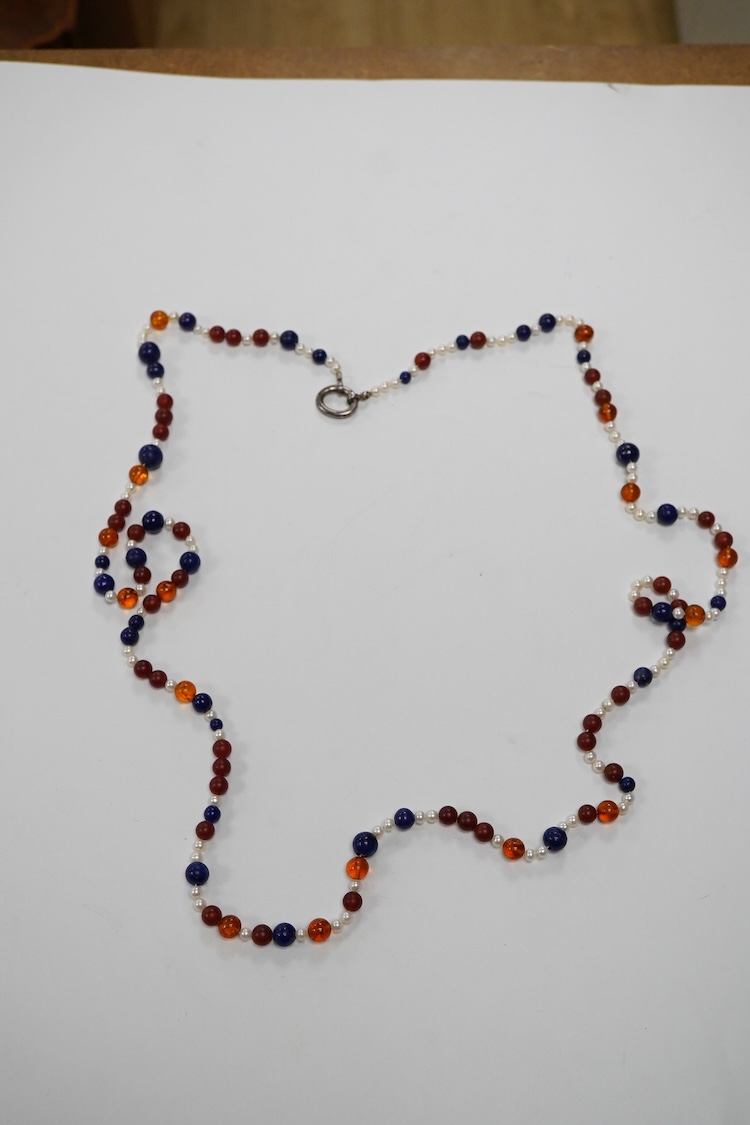 A 20th century Italian lapis lazuli, amber and pearl bead necklace (pearls no tested), with 925 clasp, 124cm.